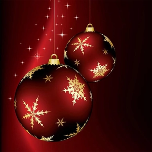Elegant red Christmas ornaments with golden snowflakes on festive starry background