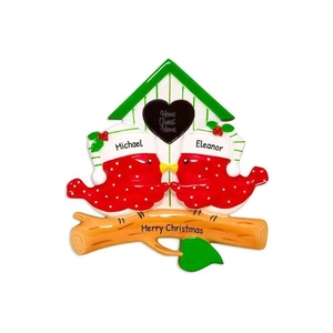Personalized red bird house Christmas ornament with custom names and Merry Christmas sign