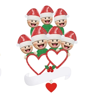 Customized Christmas family ornament with 6 figures and 2 heart photo frames