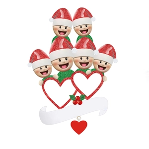 Christmas resin family ornament with six cartoon figures and two heart photo frames