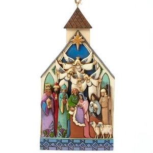 Détail d'ornement d'église de Noël en résine avec scène de Nativité peinte à la main et art