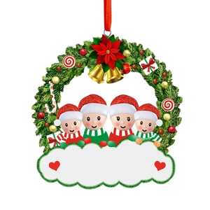 Personalized Christmas wreath pendant with resin snowman family of four on white background
