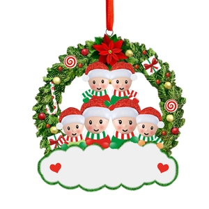 Family of 6 snowman wreath ornament with red ribbon and white custom banner for names