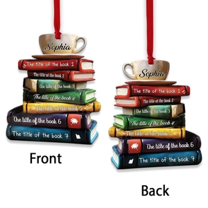 Customized stacked books and coffee cup hanging ornament with personalized names