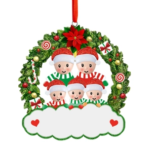 Family of five snowman family resin Christmas wreath ornament with red heart details