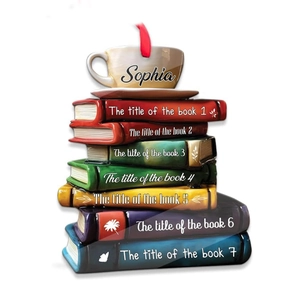 Customized book stack and coffee cup hanging ornament for Christmas decor with red lanyard