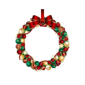 Christmas wreath with red bow, colorful ornaments, and golden stars on white background