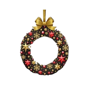 Christmas snowman wreath ornament with gold bow and festive stars on black ring