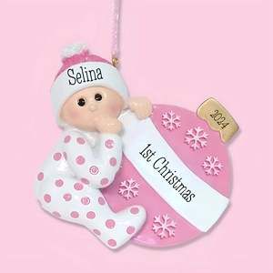 Personalized 2024 Baby First Christmas ornament with pink balloon and gold details