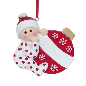Baby on red Christmas ornament with white snowflake details and custom name space