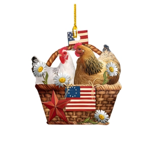 Creative resin Christmas ornament featuring two turkeys in a basket with US flag and daisies