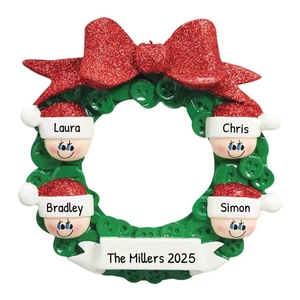 Christmas wreath ornament with 4 heads, red bow and customizable names for 2025 holiday