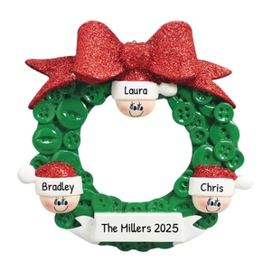 Custom Christmas wreath ornament with bow and 3 personalized family member names 2025