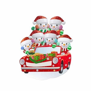 Christmas snowman family in a red car ornament with blank space for DIY custom names