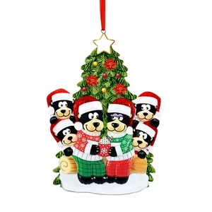 Christmas tree hanging ornament with six black bears and festive resin details