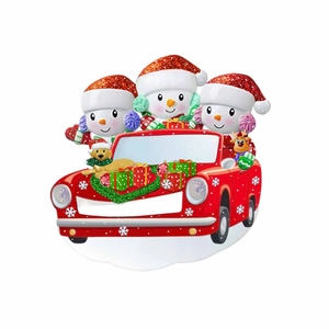 Christmas car family ornament with snowmen and golden retriever dog on white background