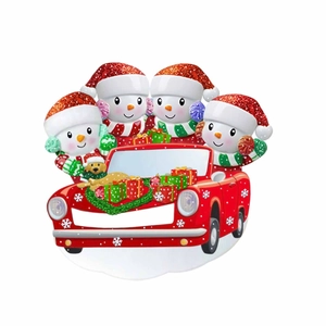DIY Christmas car ornament with 4 snowmen and golden retriever dog for personalized names