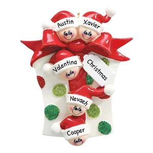 Décoration de Noël personnalisée en résine pour famille de 5 avec nœud rouge