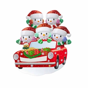 Christmas car hanging featuring 5 snowmen and a dog in a red vintage car for 5-person family