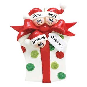 Décoration de Noël personnalisée en forme de cadeau avec trois figurines à bonnet