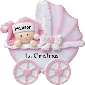 Pink stroller ornament for baby's first Christmas with custom name and glitter details