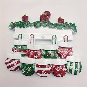 Detailed resin Christmas ornament with red candles and nine patterned mittens