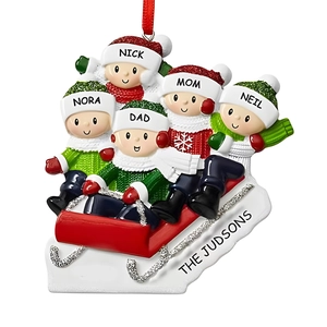 Family of 5 on a red sled resin Christmas ornament with glittery hats and custom names