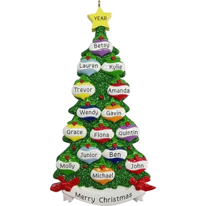 Customized Christmas tree ornament with 15 colorful name balls and Merry Christmas banner