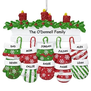 Customized resin Christmas pendant featuring red candles and ten personalized family gloves