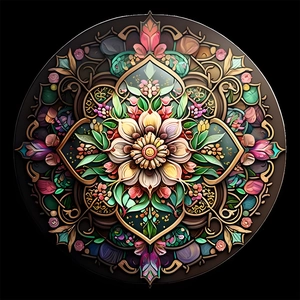 Mandala style evil eye flower resin ornament with vibrant colorful petals on black background