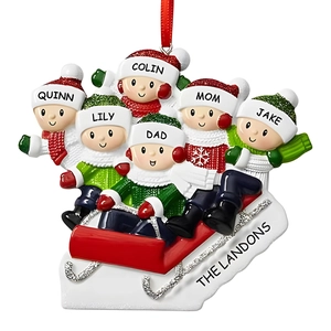 Customized 6-person family Christmas resin ornament with a red sled and glitter details