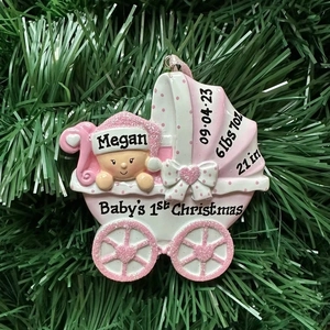 Pink personalized baby stroller Christmas ornament for baby's first holiday gift