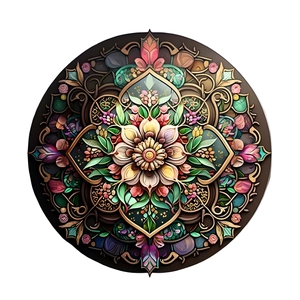 Detailed close-up of a resin evil eye mandala wall decor with floral gold accents