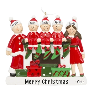 Custom resin Christmas family ornament with fireplace and stockings for five people