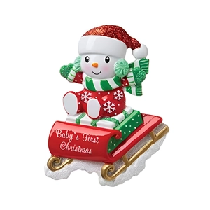Baby's First Christmas ornament with cute snowman on red sleigh resin decoration