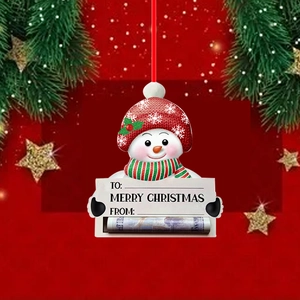 Detailed view of snowman Christmas ornament with a built-in money holder card design