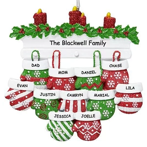Customized family Christmas ornament with 11 snowflake mittens and festive red candles