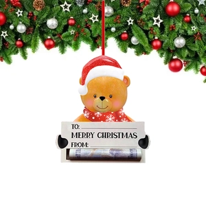 Christmas bear money holder ornament with Santa hat and sign for festive gifting