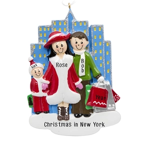 Family of three shopping resin Christmas ornament with blue city skyline and custom names