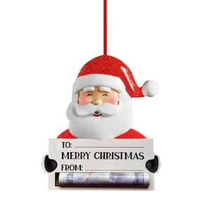 Macro detail of Santa money holder ornament with glitter hat and gift text fields