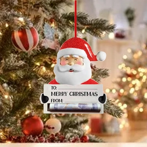Christmas Santa resin hanging ornament with a card slot for rolled cash gifts and notes