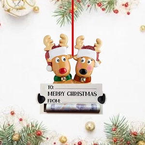 Detail of reindeer resin ornament with message board and cash holder for Christmas