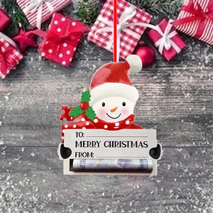 Snowman Christmas resin ornament with integrated cash holder and gift tag feature