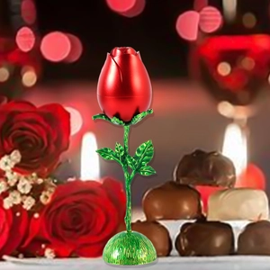 Romantic red rose jewelry box with green stem and base for Valentine's Day decor