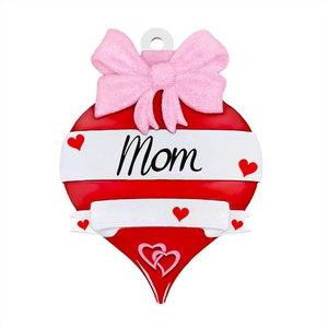 Detail of red heart ornament with pink bow and Mom text for Mother's Day keychain