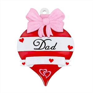 Customized red heart resin ornament with pink glitter bow and Dad inscription