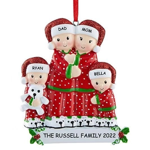 Custom resin family Christmas tree ornament featuring four members in red polka dot pajamas