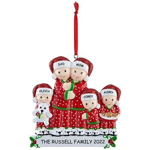Personalized 5-person family Christmas tree ornament with names and red sequin hats