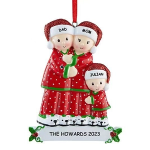 Custom resin Christmas tree ornament featuring a family of three in red pajamas