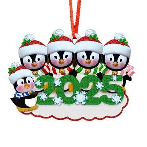 Family of five penguins 2025 Christmas resin hanging ornament with custom name banner